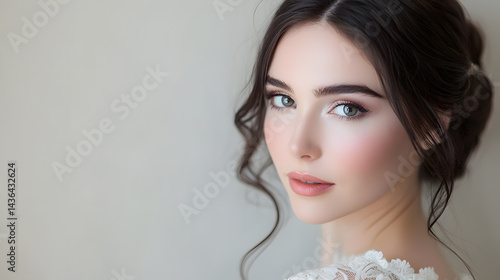 Elegant Beauty: A captivating portrait of a young woman, her eyes filled with a serene gaze, showcasing flawless makeup and an aura of quiet confidence, emphasizing natural beauty and timeless grace.
