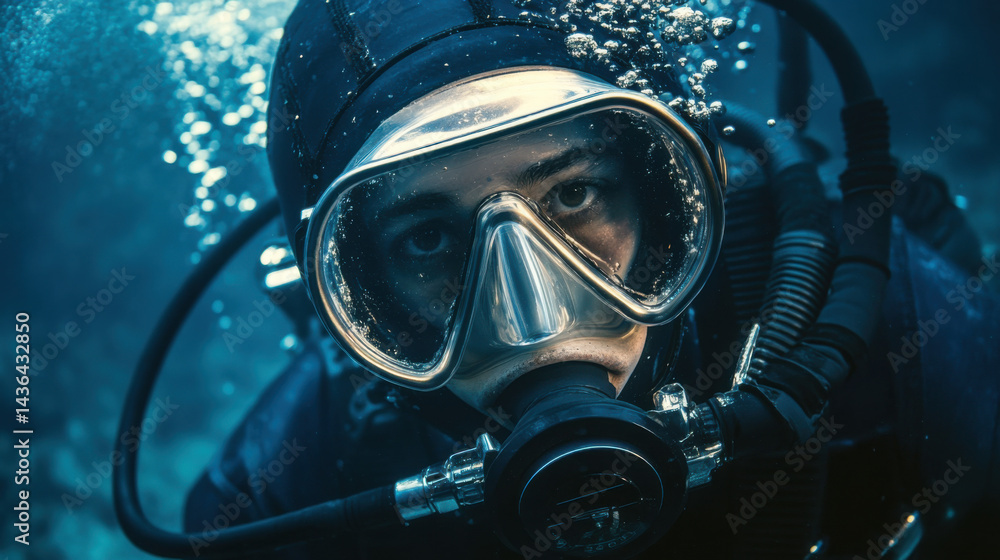 Diver Exploring Underwater World with Bubbles and Serenity Diver Exploring Underwater World with Bubbles and Serenity