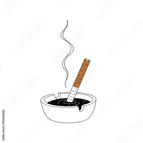 Minimalist sketch of a single extinguished cigarette in ashtray with smoke swirl, perfect for anti-smoking campaigns and educational materials