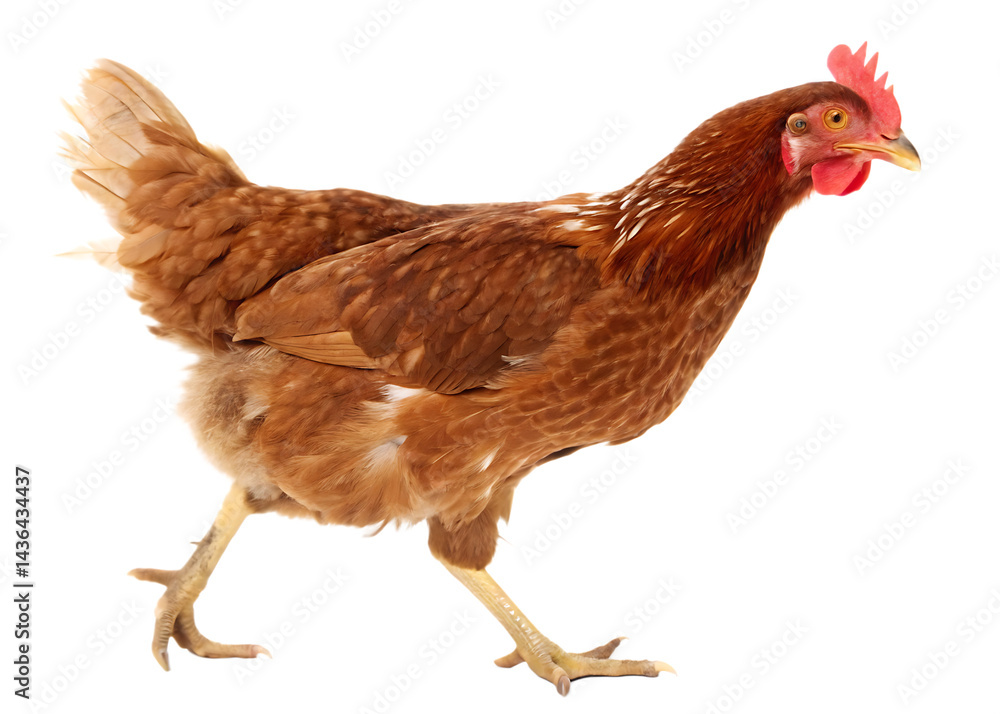 Fototapeta premium A brown chicken walking in profile view against a black background in a studio setting shot well