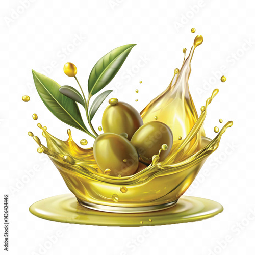 realistic smooth liquid extra virgin olive oil splash isolated on white background.