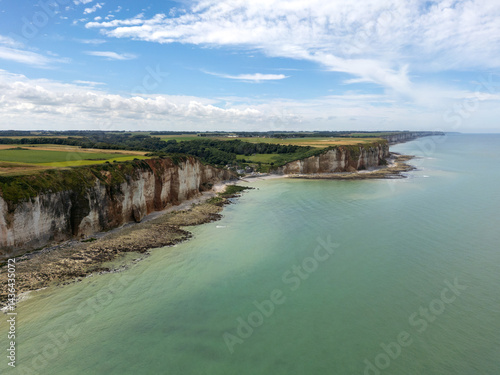 White cliffs of normandy at small village les petites dalles, aerial shot
