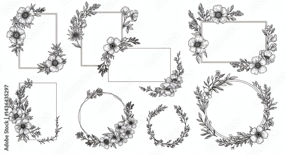 Obraz premium Elegant botanical frames and wreaths adorned with hand-drawn flowers and foliage, perfect for adding a touch of nature to your design.