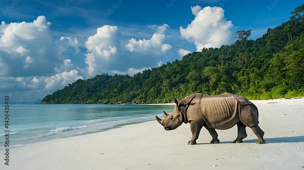Fototapeta premium Onehorned rhino exotic beach landscape pictures