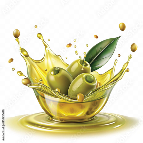 realistic smooth liquid extra virgin olive oil splash isolated on white background.