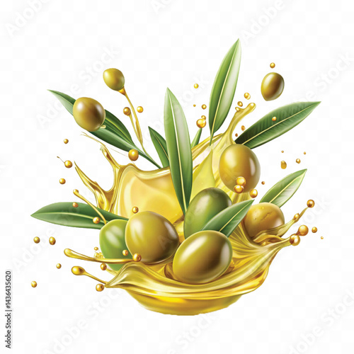 realistic smooth liquid extra virgin olive oil splash isolated on white background.