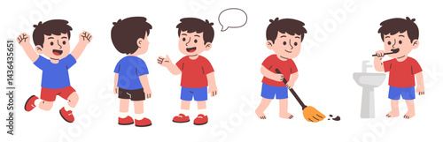 Cartoon illustration of a boy showcasing various daily activities, including brushing teeth, talking, jumping and sweeping.