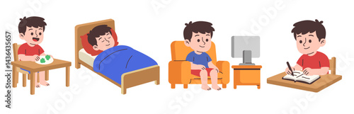 Illustration featuring a cartoon boy doing his daily routine at home, including eating, sleeping, watching TV, and studying.