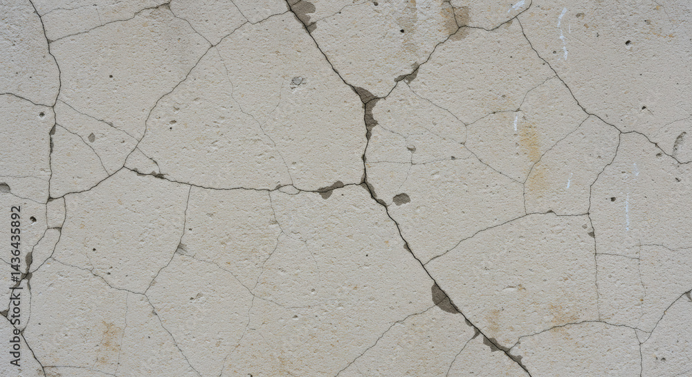 Obraz premium Detailed close-up of a weathered concrete surface with prominent cracks and a grainy texture, showcasing aging and structural deterioration.