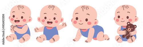 Charming cartoon illustrations showcase a baby's progress from sitting to crawling, expressing joy and innocence.