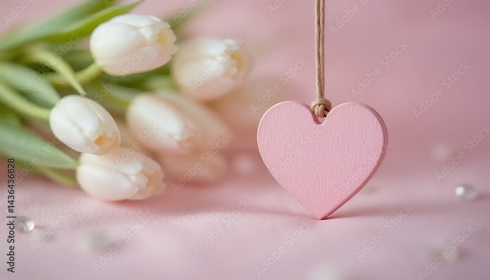 Fototapeta premium Heart Ornament with White Tulips on Pink Fabric Background