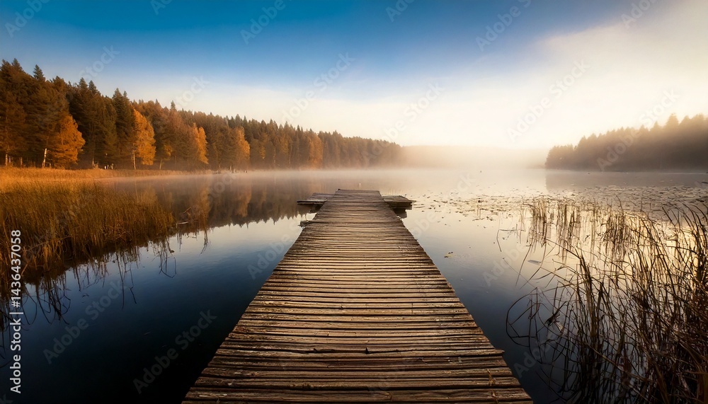 Fototapeta premium Muelle de madera solitario que se extiende hacia el lago brumoso durante el otoño, fotografía hiperrealista,
