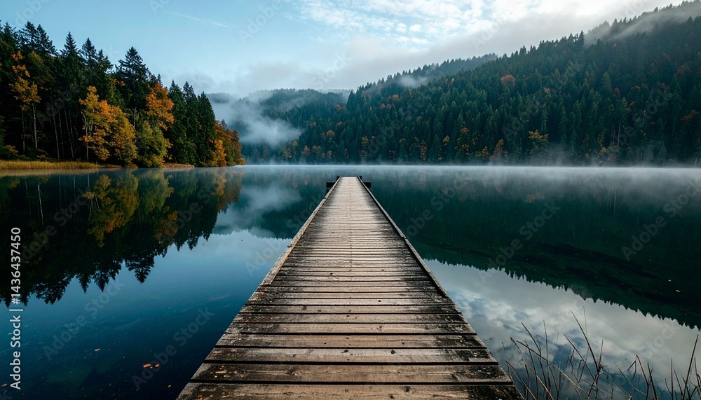 Fototapeta premium Muelle de madera solitario que se extiende hacia el lago brumoso durante el otoño, fotografía hiperrealista,