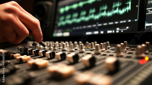 Close-Up of Hand Adjusting Audio Mixer in Recording Studio Environment
