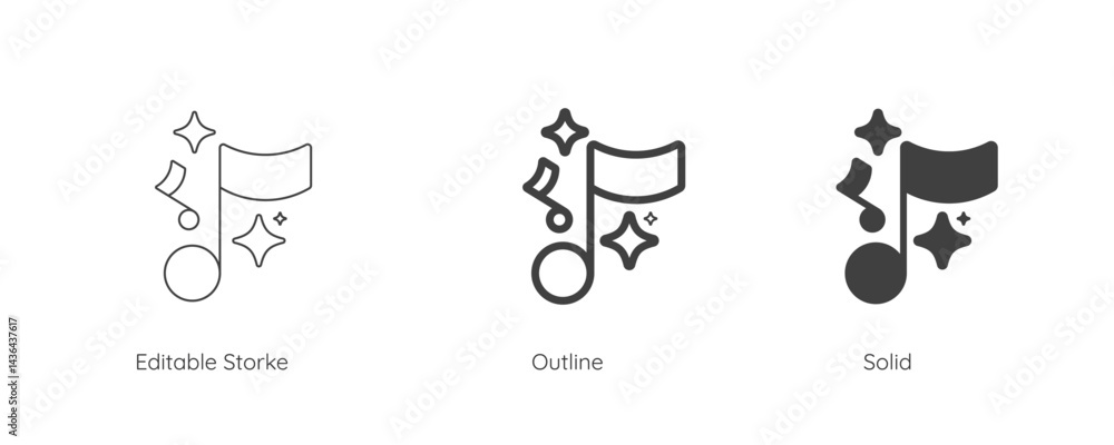 Generate music by AI icon. AI sparkle star with note music symbol. Artificial intelligence technology concepts. Icon element for app and web. Vector illustration. Editable stroke. Generate music by AI icon. AI sparkle star with note music symbol. Artificial intelligence technology concepts. Icon element for app and web. Vector illustration. Editable stroke.