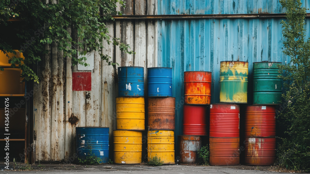 Colorful Industrial Drums Stacked Against a Rustic Warehouse Wall Colorful Industrial Drums Stacked Against a Rustic Warehouse Wall