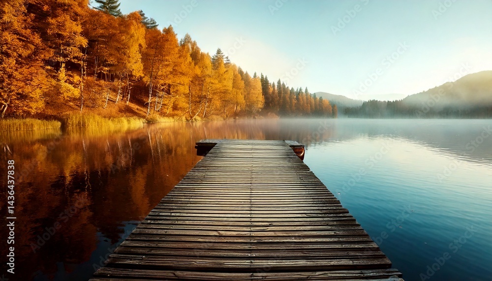 Obraz premium Muelle de madera solitario que se extiende hacia el lago brumoso durante el otoño, fotografía hiperrealista,