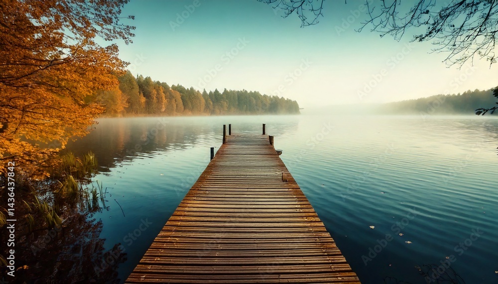 Fototapeta premium Muelle de madera solitario que se extiende hacia el lago brumoso durante el otoño, fotografía hiperrealista,