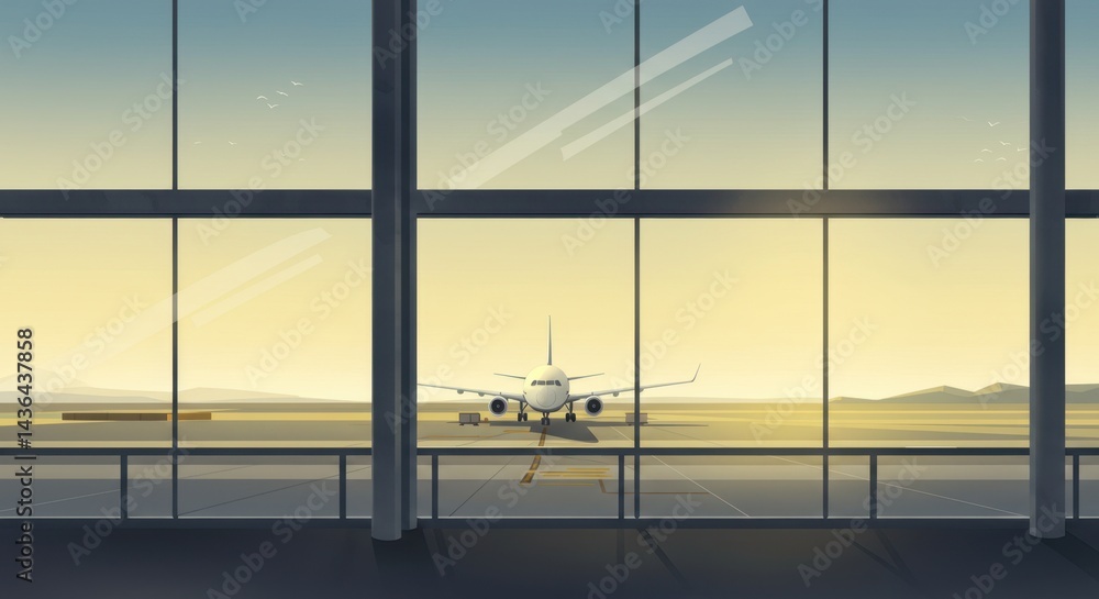 Fototapeta premium Stylized Airport Terminal Window View of Taxiing Airplane