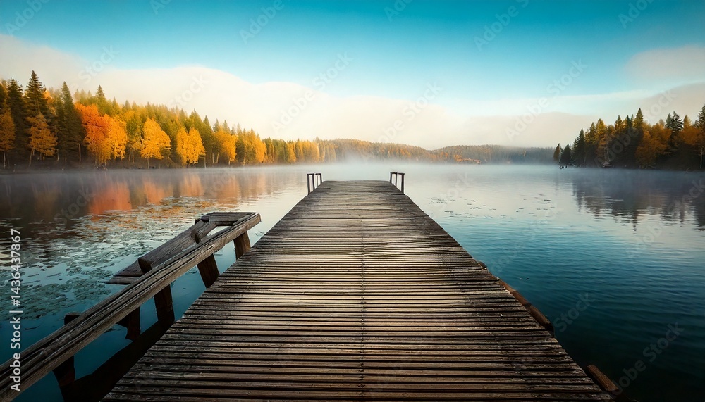 Fototapeta premium Muelle de madera solitario que se extiende hacia el lago brumoso durante el otoño, fotografía hiperrealista,