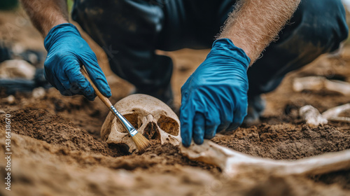 Archaeologist Uncovering Ancient Skull at Excavation Site