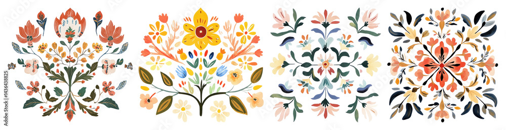 Obraz premium PNG Colorful floral folk art patterns, element set on transparent background