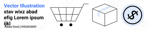 Shopping cart, box, and dollar coin emphasizing online shopping, delivery, e-commerce, logistics, payment methods, product packaging and minimalistic interfaces. Ideal for simple landing page