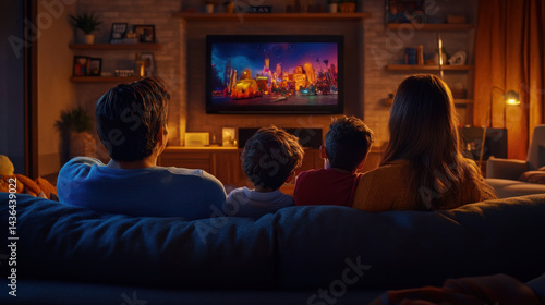 Family Enjoying Movie Night Together in Cozy Living Room Atmosphere