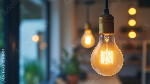 Warm Light Bulb Hanging in Modern Interior with Soft Focus Background