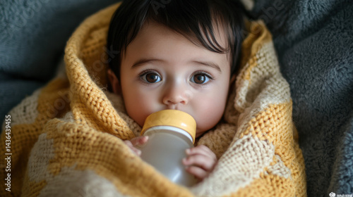 Baby in yellow blanket holding bottle, close-up portrait