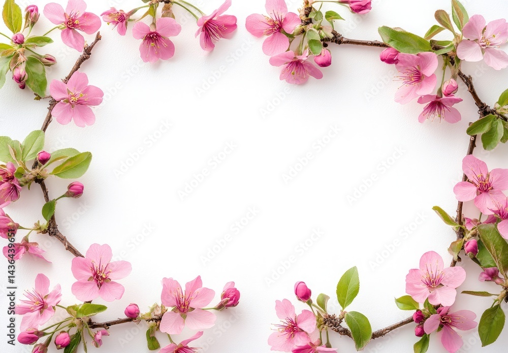 Delicate pink blossoms frame a white background. Soft floral arrangement Delicate pink blossoms frame a white background. Soft floral arrangement