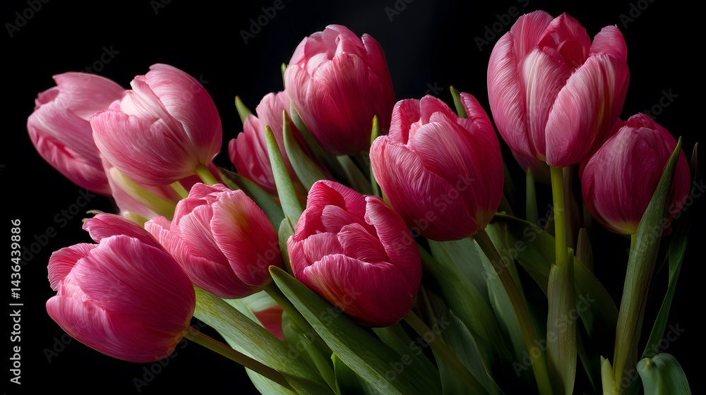 Fototapeta premium Vibrant Pink Tulips Bouquet with Soft Petals Against a Dark Background for Floral Arrangements and Decor