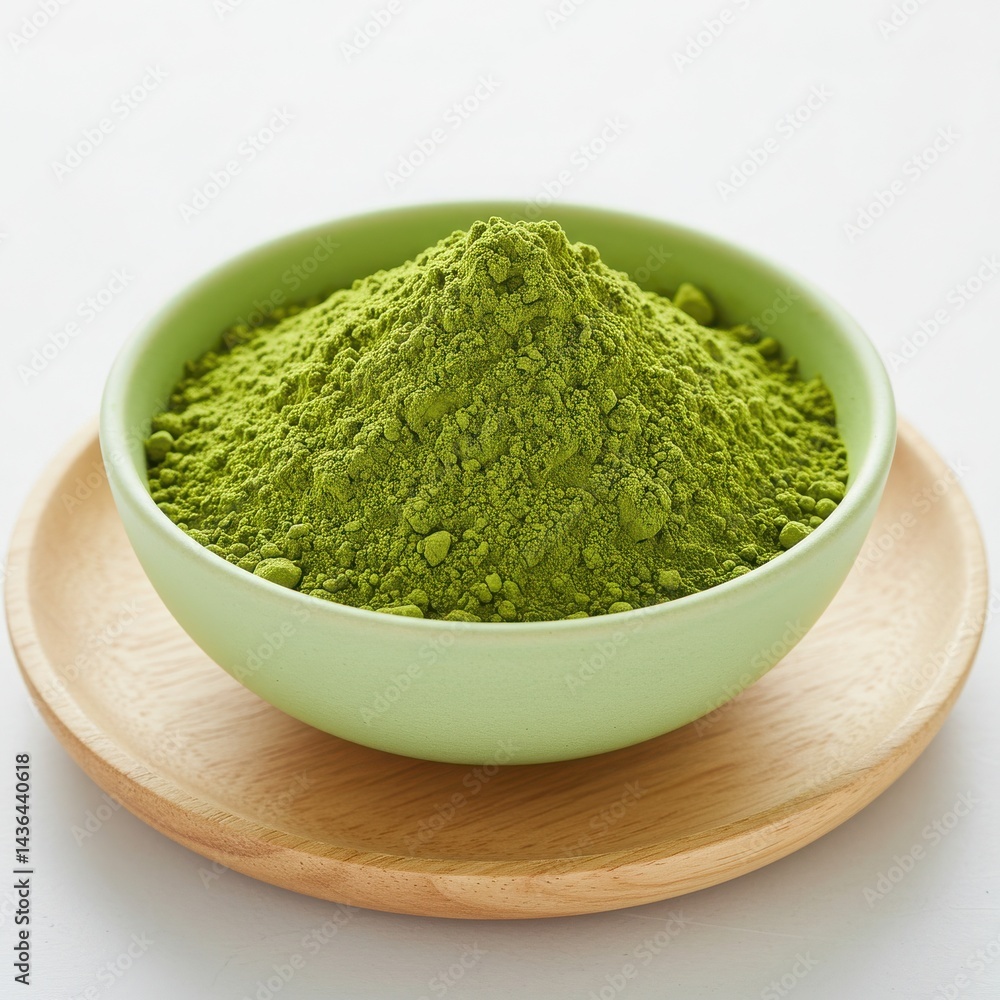 Close up of matcha powder in a light green bowl placed on a wooden circular serving plate on white Close up of matcha powder in a light green bowl placed on a wooden circular serving plate on white