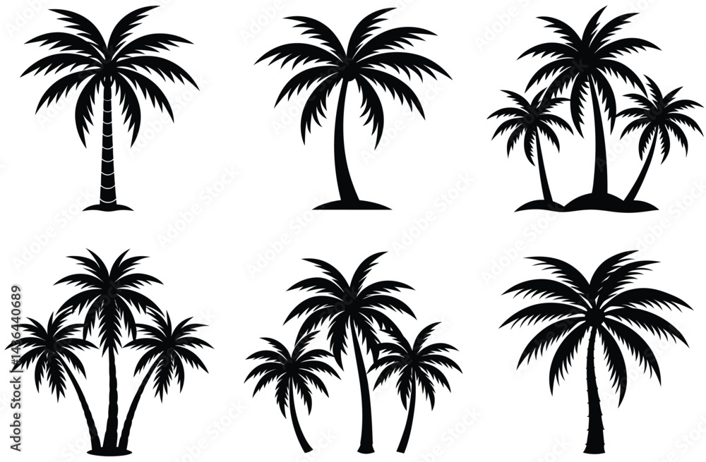 Obraz premium Tropical beach vector illustration featuring a set of palm tree silhouettes against a summer sky