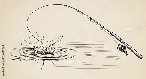Fishing Rod Casting Line Into Water Creating Splash Illustration