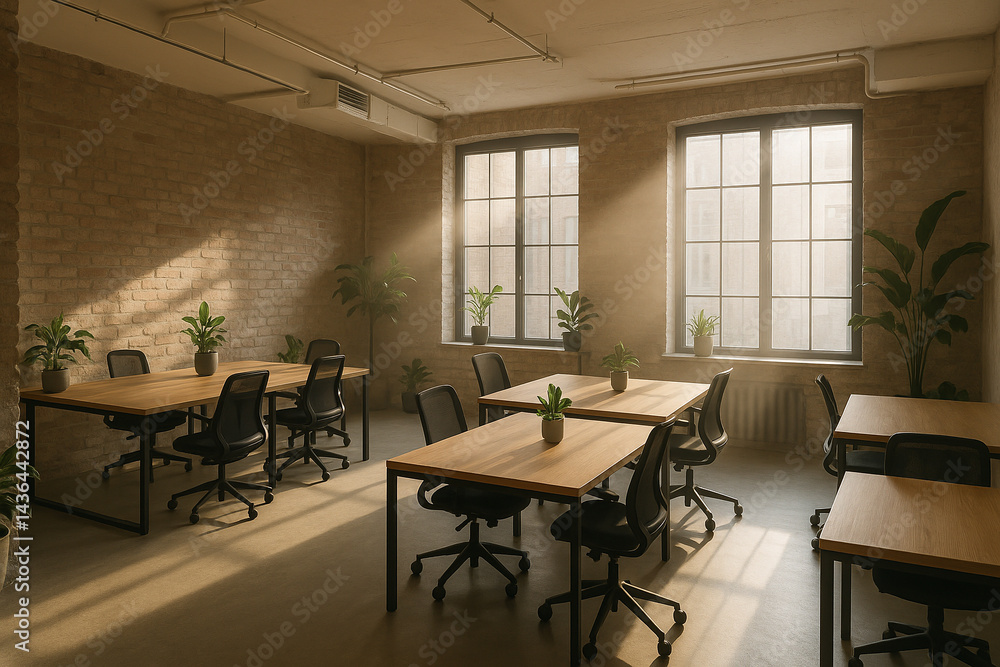 Fototapeta premium Modern minimalist office with organized desks, laptops, and decorative plants