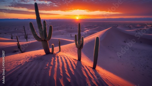 Fototapeta Naklejka Na Ścianę i Meble -  Cactus at sunset in desert with sand dunes