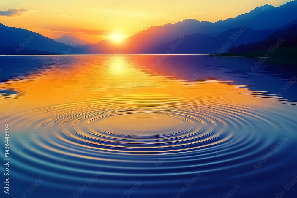 Obraz premium A serene lake with ripples reflecting a vivid sunset gradient of orange, gold, and soft purple.