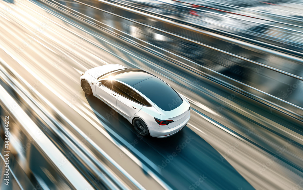 Fototapeta premium Electric Vehicle on Speed Highway, Futuristic Holiday Travel Technology 