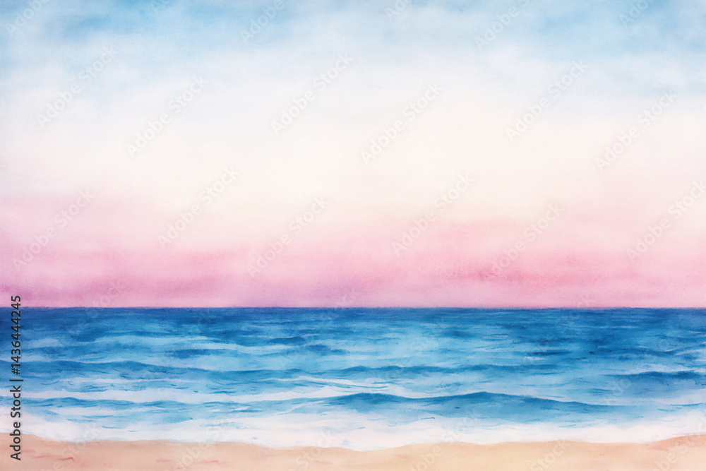 Naklejka premium watercolor painting of a serene coastal landscape with soft blue sea and sandy beach