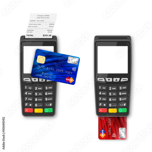 Bank terminal for payment purchase in store. Credit card inside and paper check receipt. Device for processing payments e-commerce. Vector illustration.