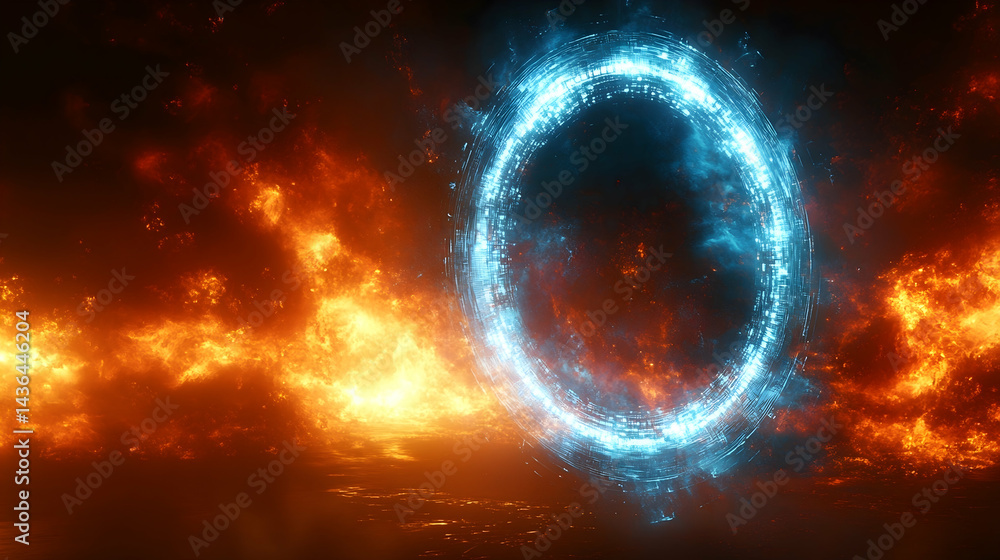 Fototapeta premium Glowing blue ring against fiery backdrop Cosmic scene