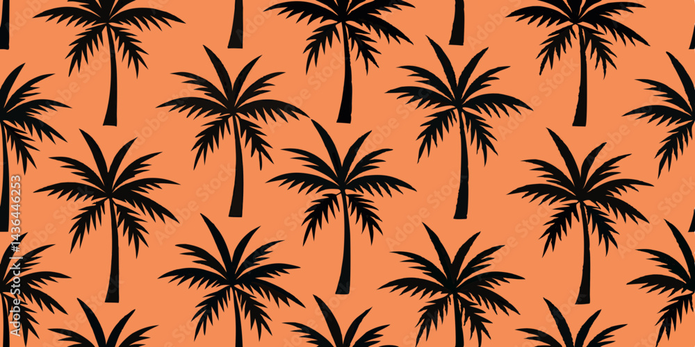 Seamless Pattern of Black Palm Trees on Orange Background Seamless Pattern of Black Palm Trees on Orange Background