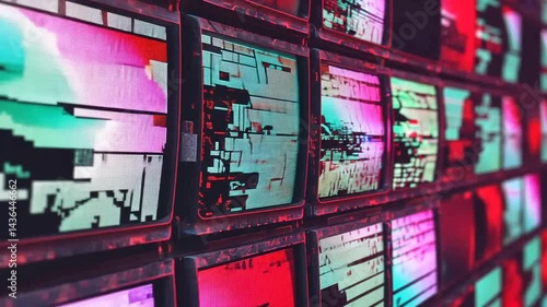 A wall of malfunctioning screens, displaying corrupted data