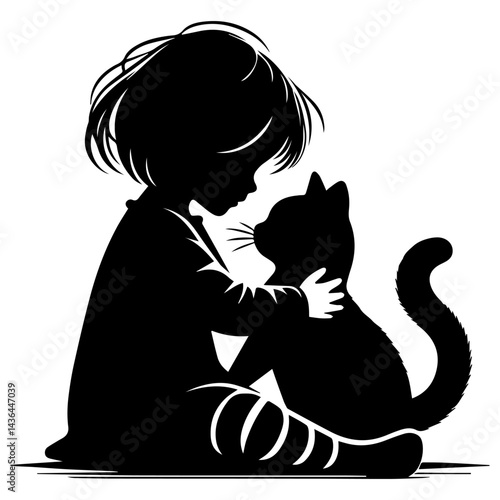 Black and white silhouette of a girl hugging a cat on a white isolated background. Vector graphics. EPS.