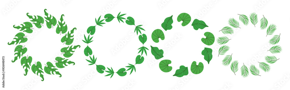 Obraz premium Set of round frames made of tropical leaves. Simple natural leaf design. Vector decoration template for cards, wedding invitations and birthday greetings.