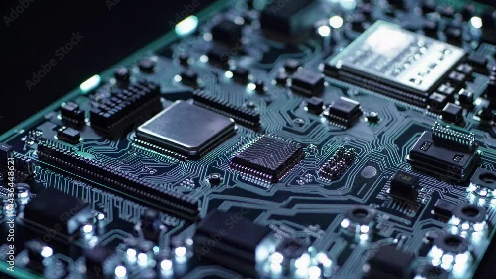 Close-up of Computer Chip on Motherboard with Glowing Light Close-up of Computer Chip on Motherboard with Glowing Light