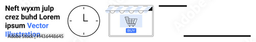 Clock symbolizing time, online storefront with cart button promoting e-commerce. Ideal for retail, scheduling, productivity, shopping, time management, digital marketing, flat landing page banner