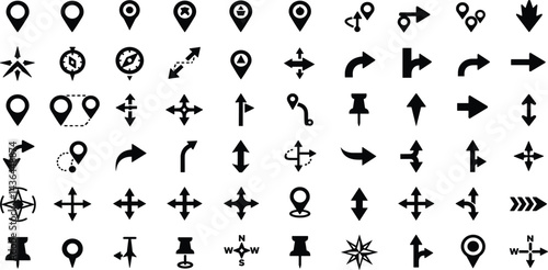 Navigation icons, compass rose symbols, and directional arrows