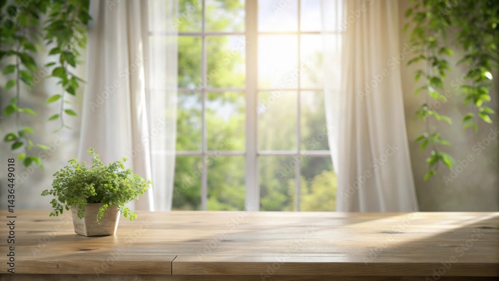 Sunlit Wooden Tabletop with Lush Greenery and Sheer Curtains, Offering a Serene and Inviting Atmosphere Sunlit Wooden Tabletop with Lush Greenery and Sheer Curtains, Offering a Serene and Inviting Atmosphere